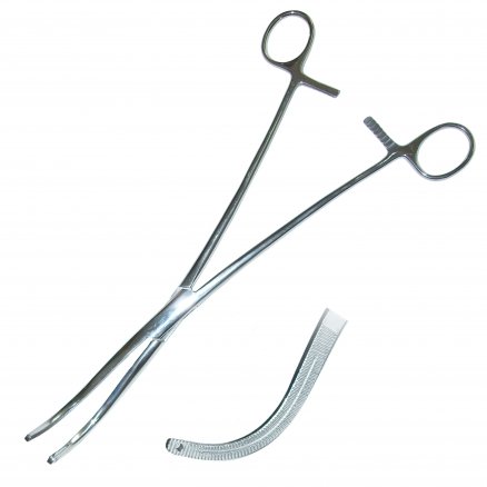 Затискач кровоспинний, по Kantrowitz, зігнутий. Довжина 24 см